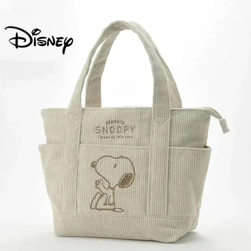 Miniso Corduroy Snoopy Tote Bag Casual Handbag Students Large CapacityTote Bag Zipper Shoulder Bag