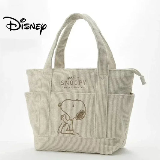 Miniso Corduroy Snoopy Tote Bag Casual Handbag Students Large CapacityTote Bag Zipper Shoulder Bag