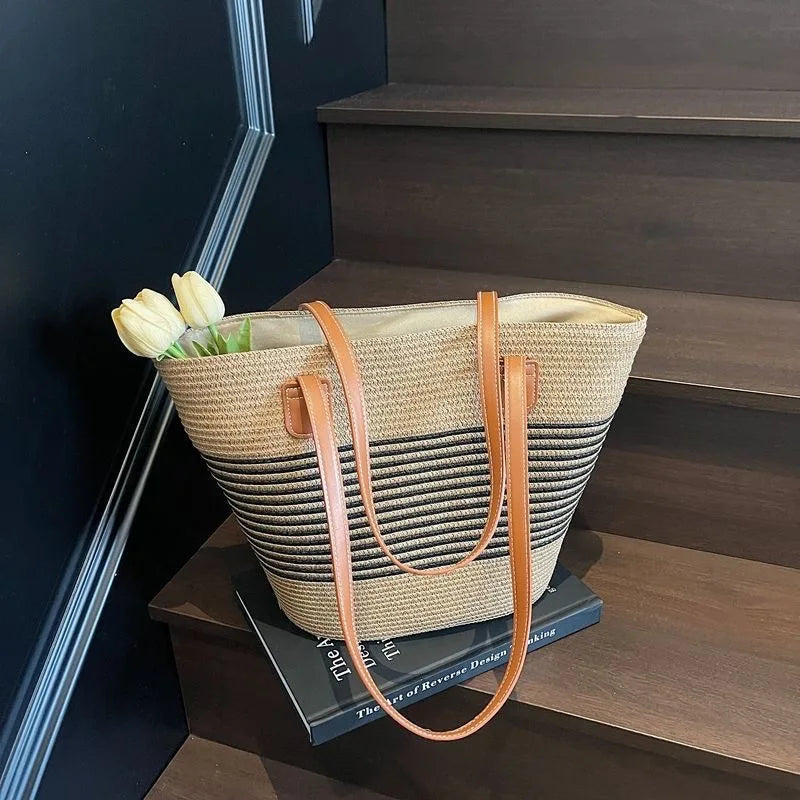 Women's Large Capacity Shoulder Bag Summer Straw Woven Basket Handbag Fashion Female Luxury Designer Beach Bag Bali Shopper Tote