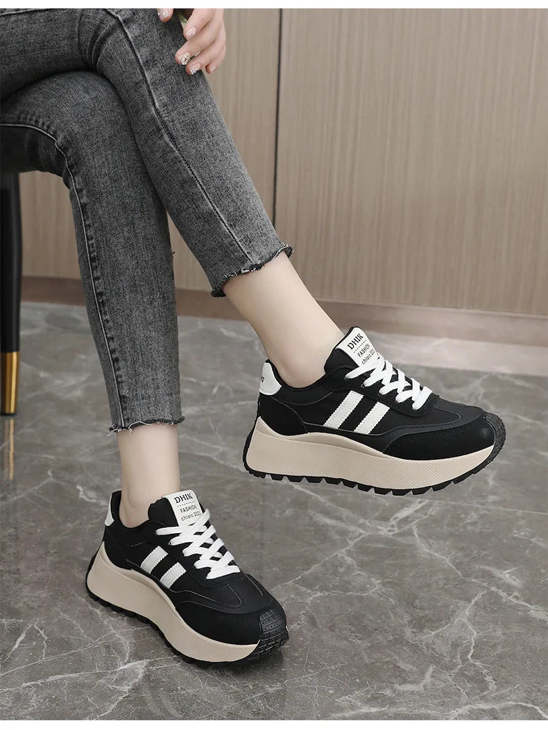 Spring Thick Bottom Women's Shoes 2025 Summer Casual Patchwork Leather Sneakers Casual Vulcanised Shoes Ladies Chaussure Femme