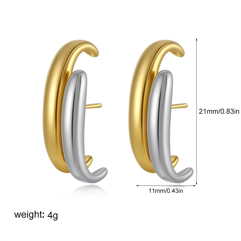 Geometric Stainless Steel Gold Sliver Color Bilayer Stud Earring for Women Irregular Metal Texture Fashion Jewelry Gift