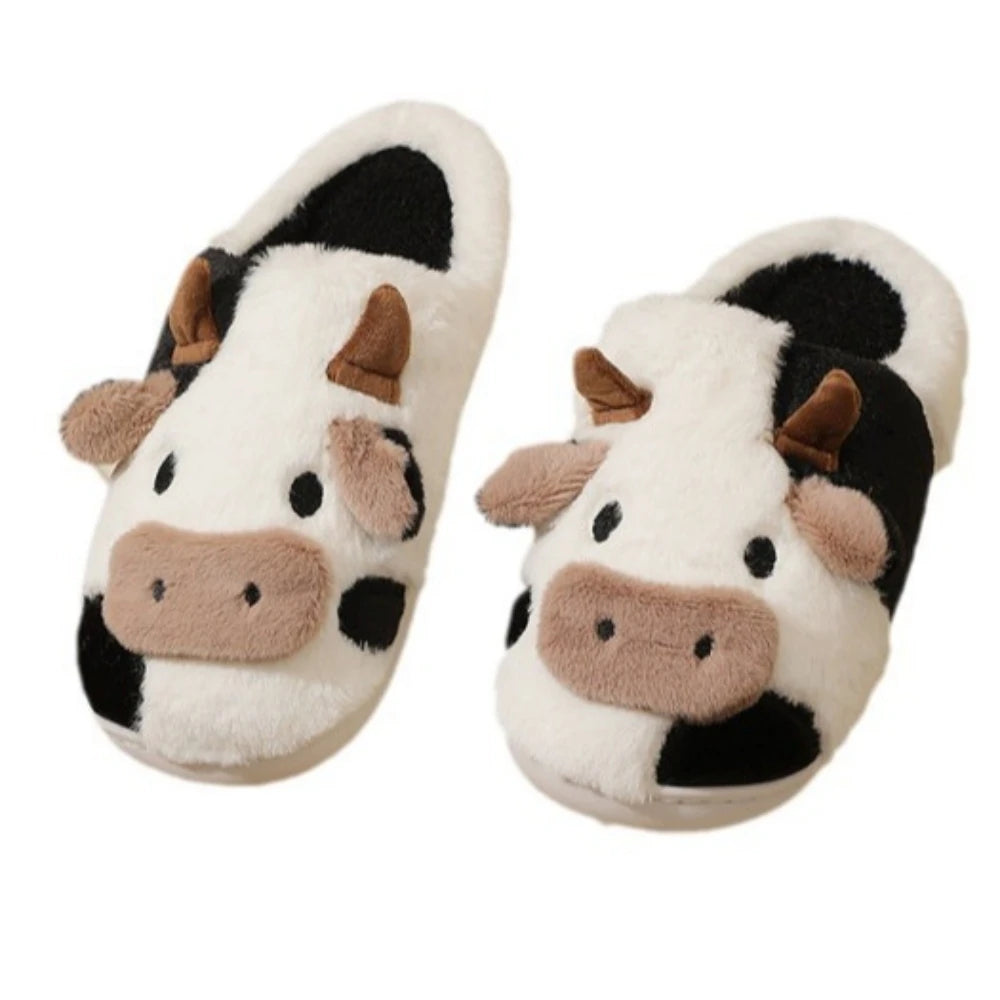 Winter Home Slippers for Couples Warm Plush Neutral Cartoon Cow Indoor Anti Slip Comfortable Cotton for Men Women