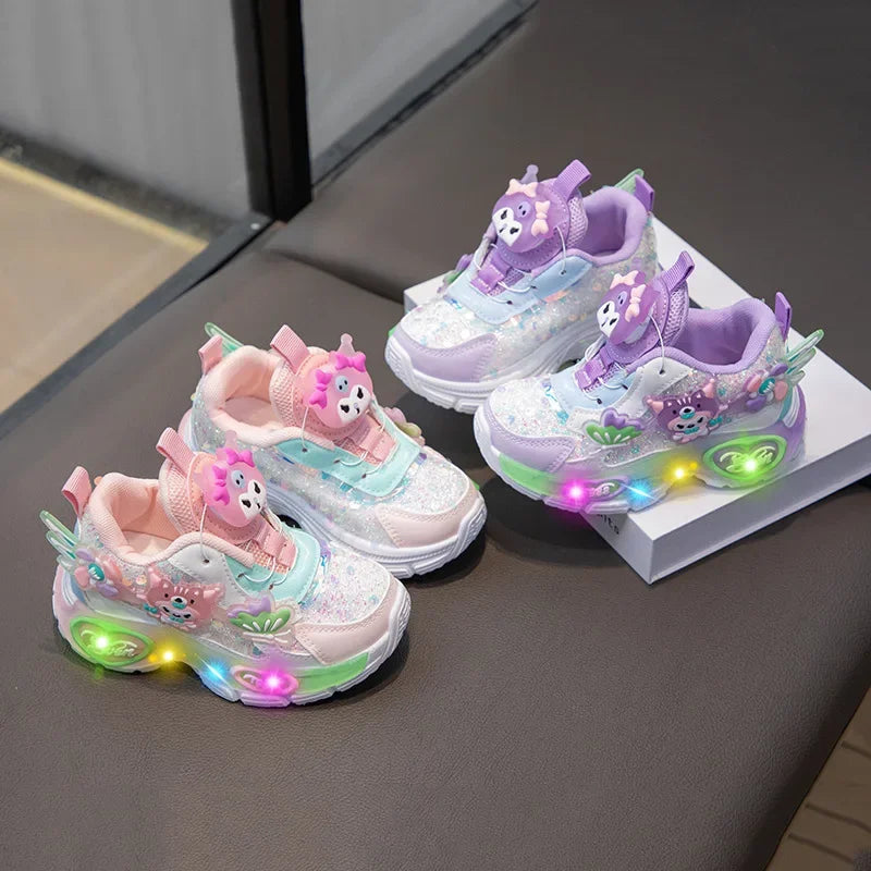 Girls Cartoon Rotating Button Sports Shoes Soft Bottom Kuroko Light up Dad Shoes Breathable Rubber Spring Season Kids Sneakers