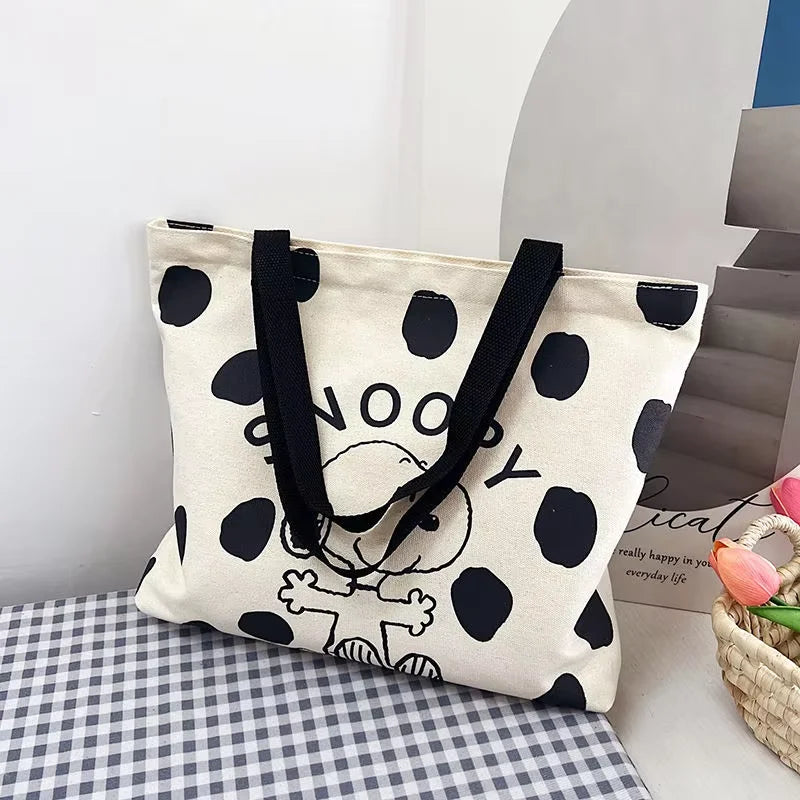 MINISO Snoopy Canvas Bag Women's Large Capacity Bag Fashion Cartoon Handbag Multi-purpose Shoulder Tote Bag With Hanging