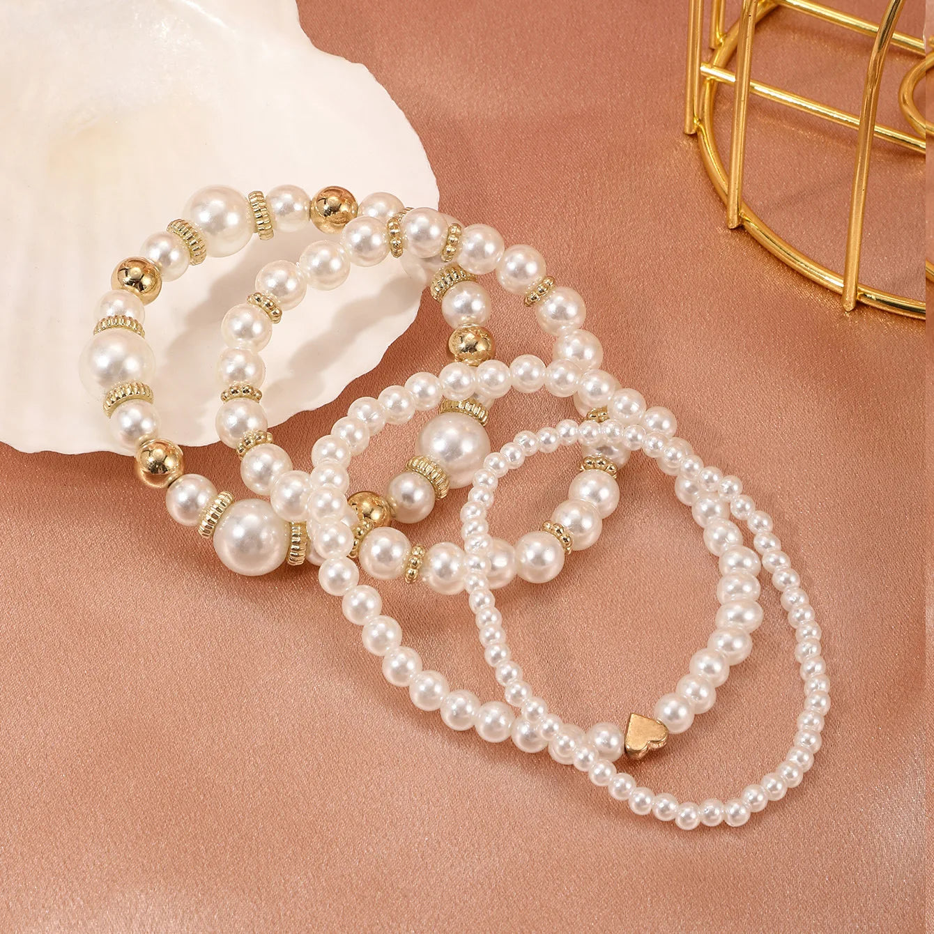 4Pcs/Set Heart White Color Pearl Bracelets Set For Women New Trendy Elastic Beaded Bracelet Elegant Wedding Party Jewelry Gift
