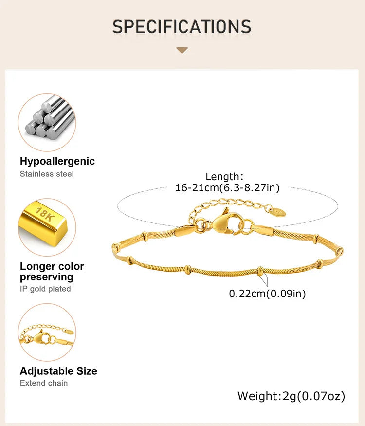 Stainless Steel Snake Ball Bead Chain Bracelet For Women, 18k Gold Plated Thin Link Layered Hand Wristband Christmas Gift