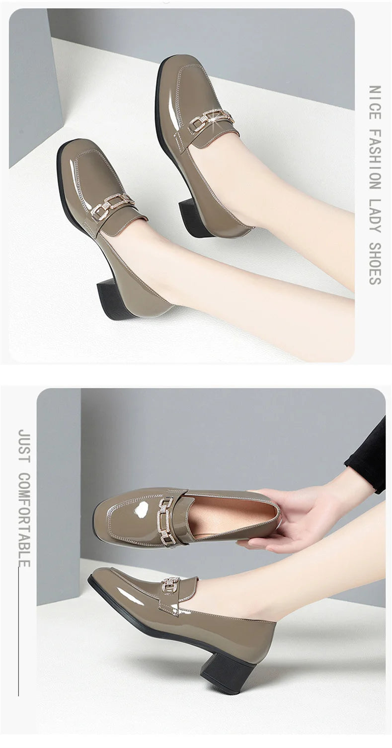 Spring Autumn Ladies Pumps Shallow Shoes Patent Leather Soft Sole Crystal High Heels  Loafers Fashion Breathable Single Shoe