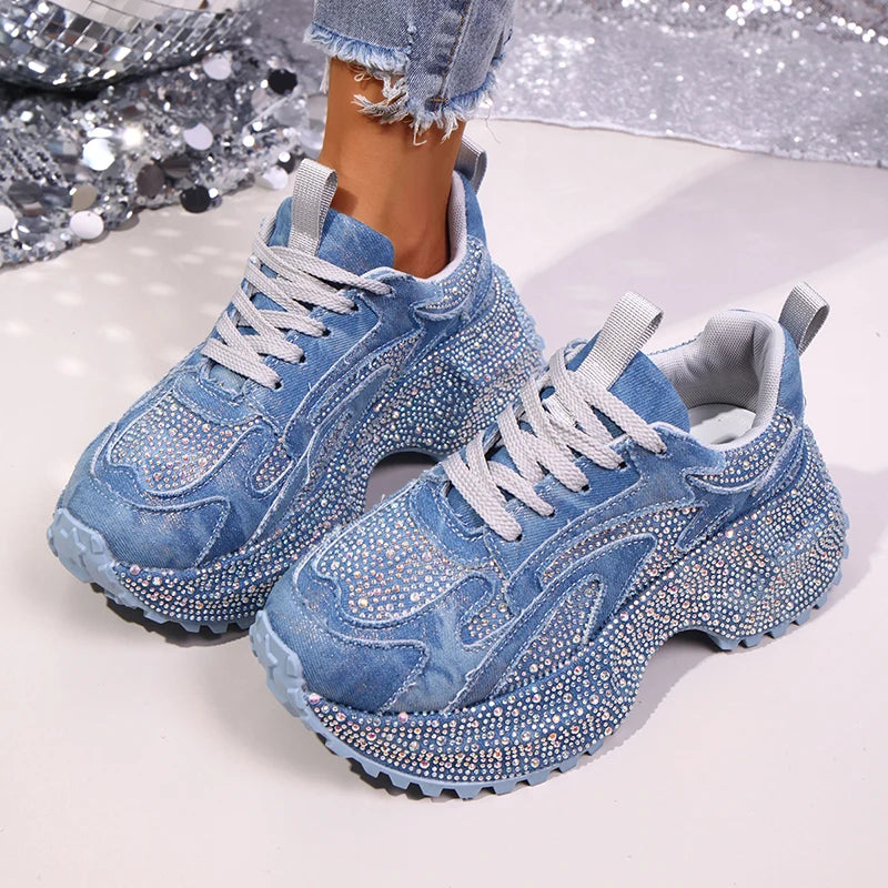 Luxury Rhinestone Chunky Sneakers for Women Fashion Purple Denim Platform Sports Shoes Woman Non Slip Thick Sole Vulcanize Shoes