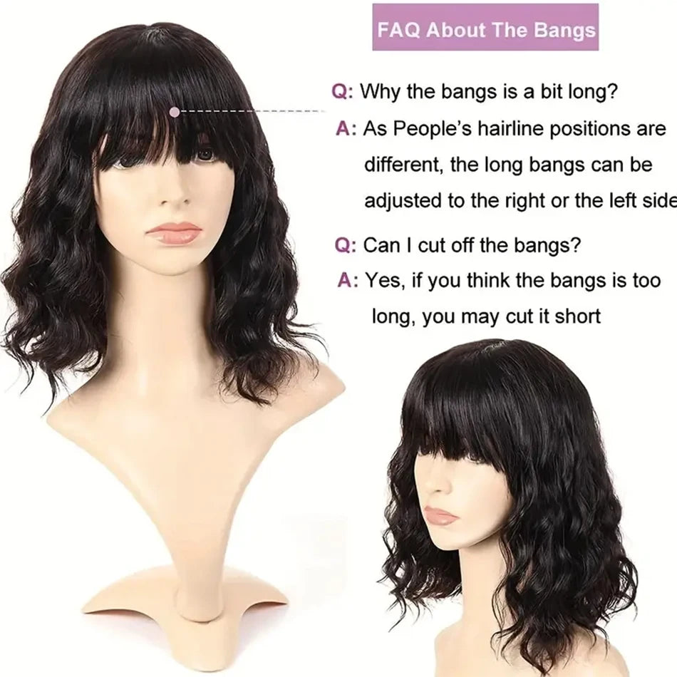 Body Wave Wigs With Bangs Malaysian Human Hair Wig With Bangs For Women Glueless Wear and Go Machine Made Wig Short Bob Wig Sale