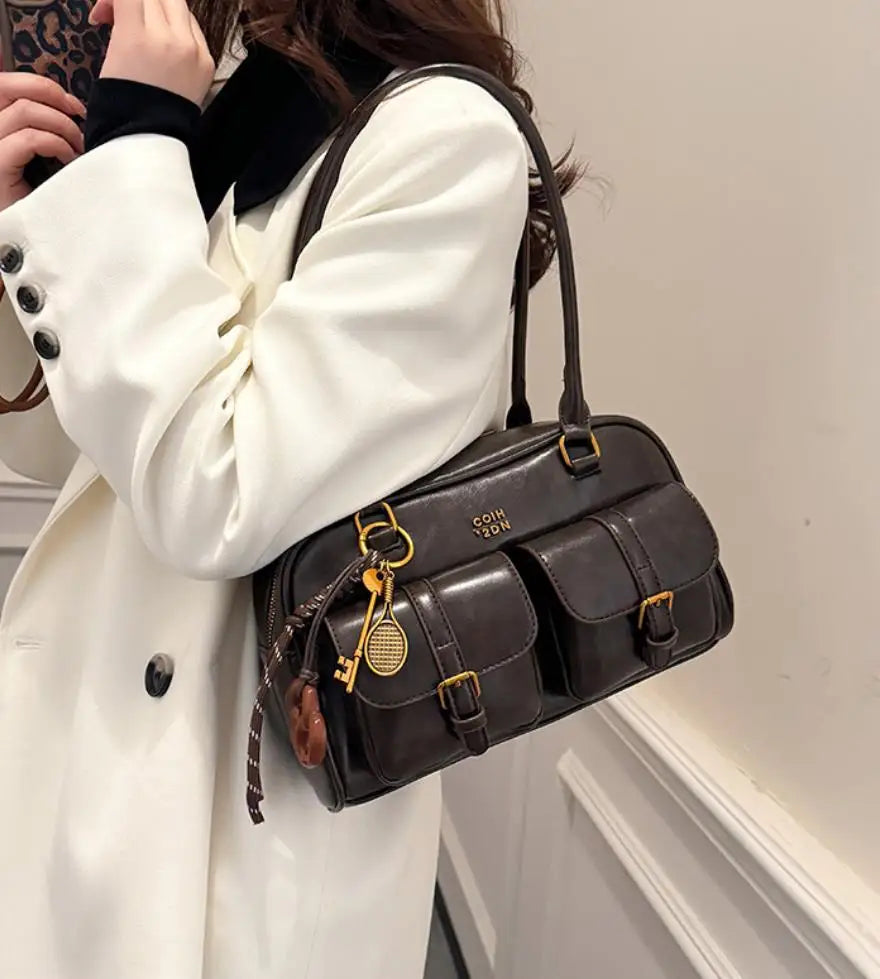 Women's Coffee Brown Multi-Pocket Handbag Shoulder Bag, Stylish Versatile Letter Crossbody Purse for Travel Work Shopping Dates