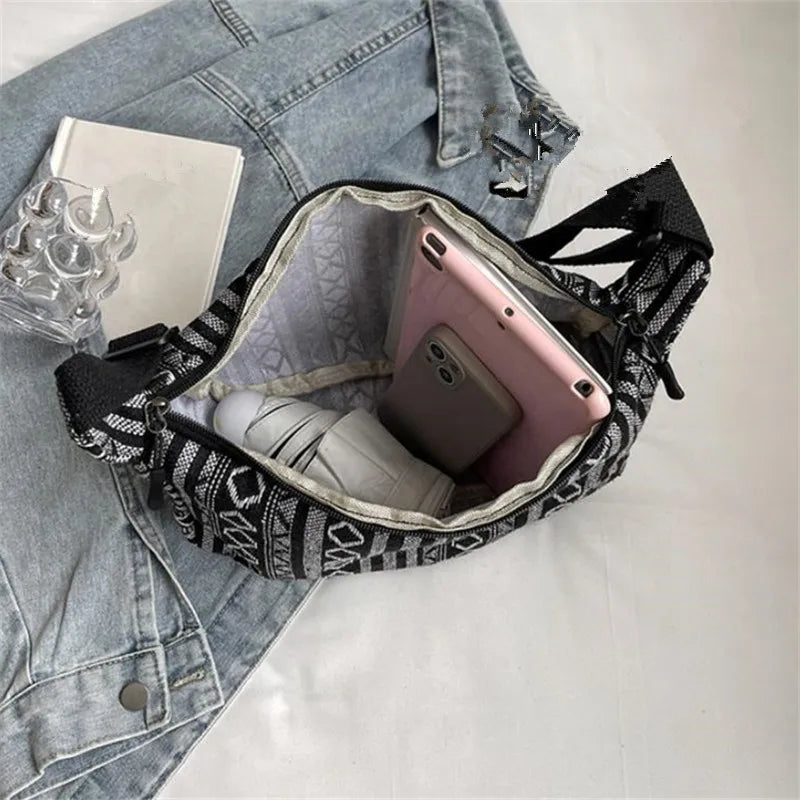 Tribal Style Shoulder Bag, Foldable Crossbody with Zipper Closure, Striped Pattern, Flag Theme Hand Washable Edge Painted Lining