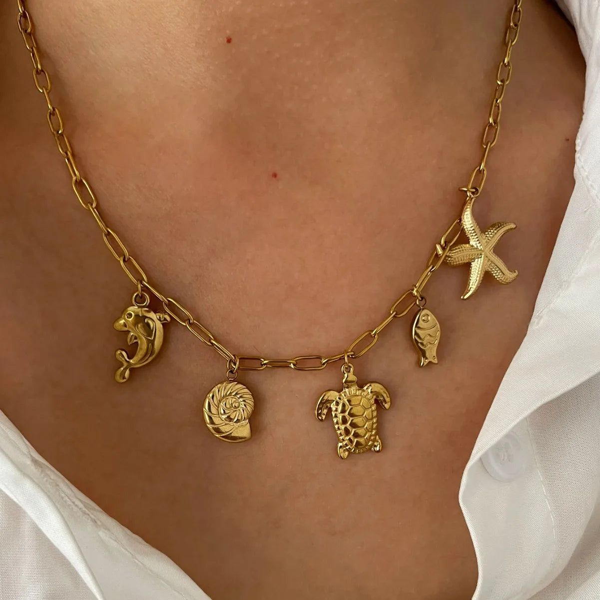 Summer Women's Starfish Conch Shell Necklace Fashion Stainless Steel Gold/Silver Color Crab Turtle Choker Beach Jewelry Gifts