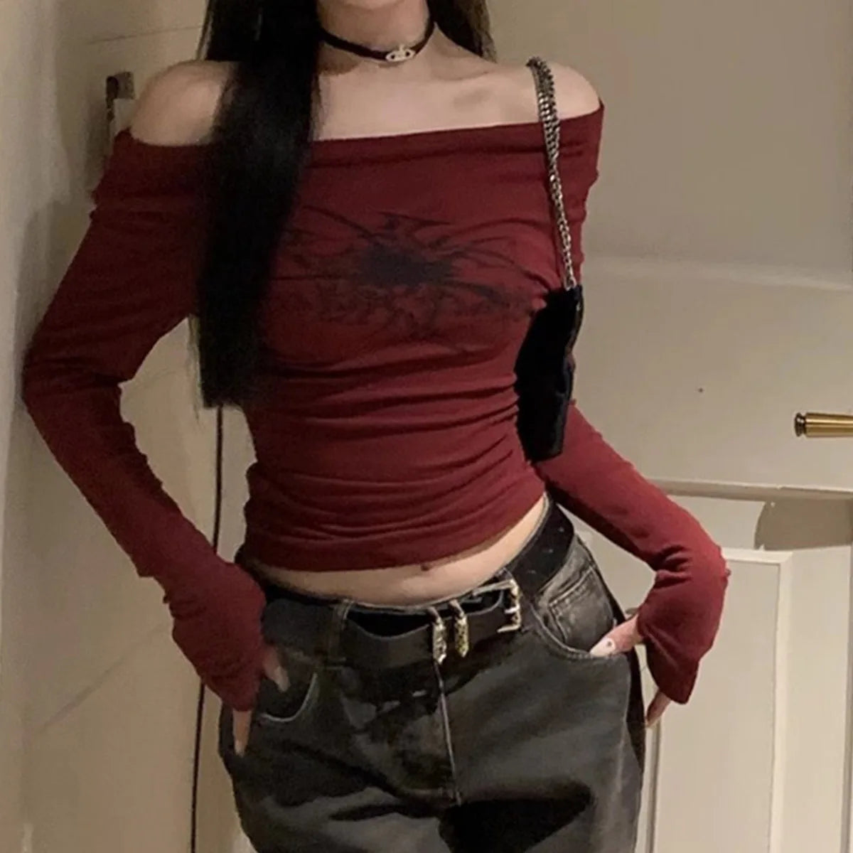 Gothic Print Grunge T-Shirts Women Long Sleeve Off the Shoulders Tops Y2K Clothes Streetwear Shirt Korean Style Vintage Crop Top