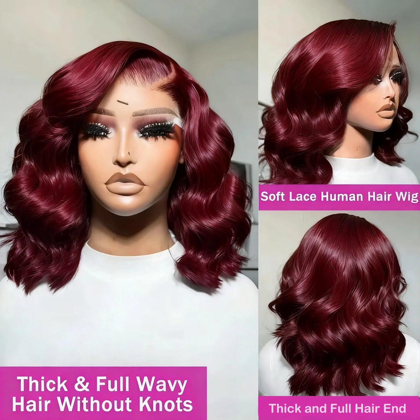 Brazilian 230% 99J Bouncy Curly Bob 13x4 HD Lace Front Human Hair Wigs 99J Burgundy Body Wave Bob Wig Short Curly Human Hair Wig