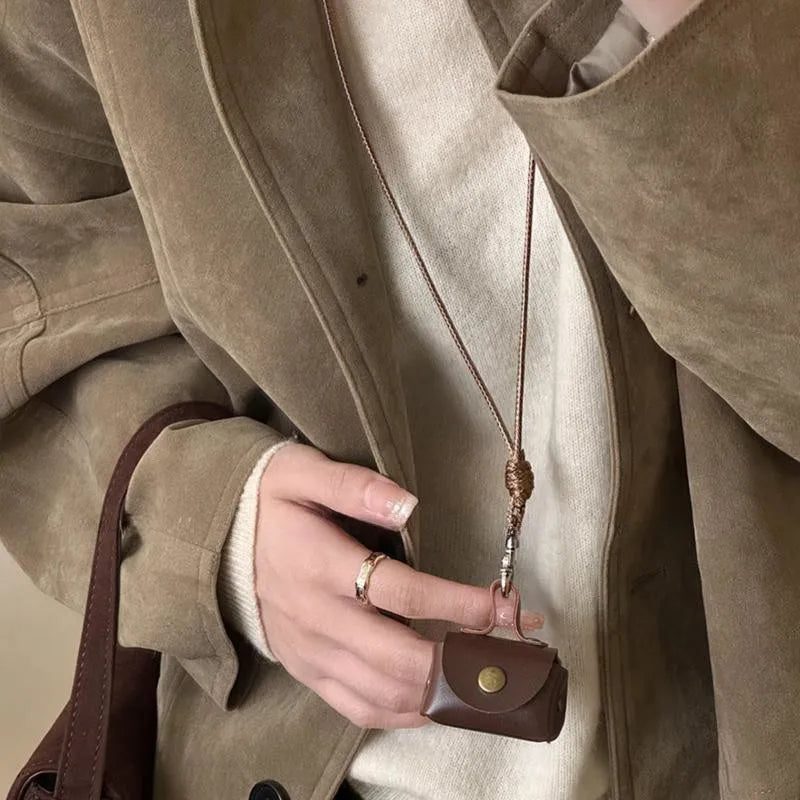 Retro Cute Small Leather Bag Long Necklace for Women Fashion Sweater Chain Neck Hanging Jewelry Versatile Accessory Gift