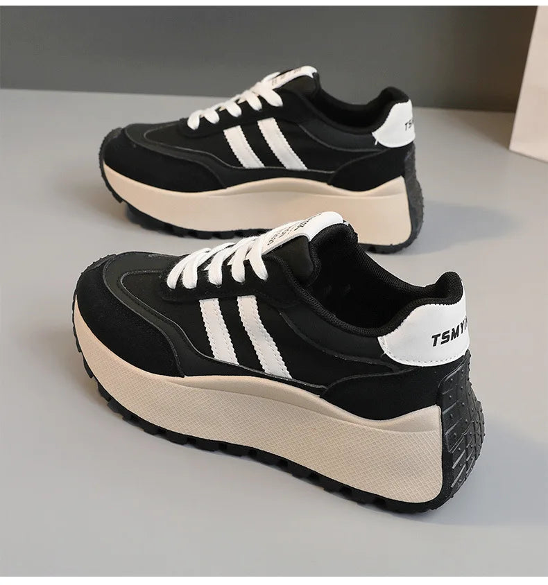 Spring Thick Bottom Women's Shoes 2025 Summer Casual Patchwork Leather Sneakers Casual Vulcanised Shoes Ladies Chaussure Femme