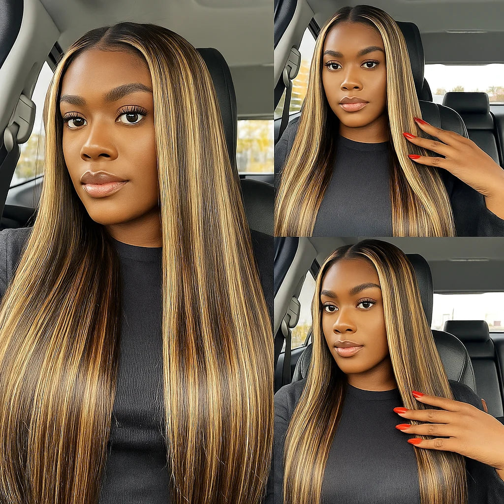 Brown With Gold Gradient Straight Hair Wigs Glueless 5x5 HD Lace Closure Wig Gold Omber Highlight Human Hair Wig Colored Wigs