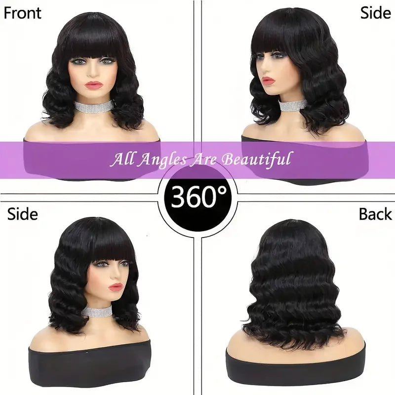 Body Wave Wigs With Bangs Malaysian Human Hair Wig With Bangs For Women Glueless Wear and Go Machine Made Wig Short Bob Wig Sale