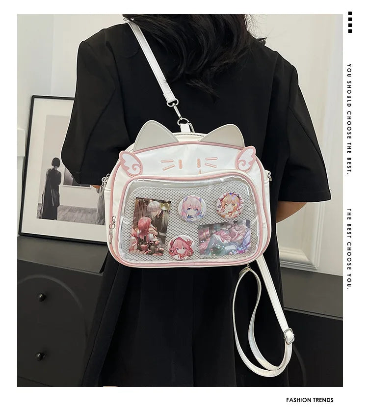 Women's Fashion Backpacks Y2K Korean Japan Kawaii Cat Ita Bag PU Cute Girls Transparent Pocket Aesthetic Shoulder Crossbody Bags