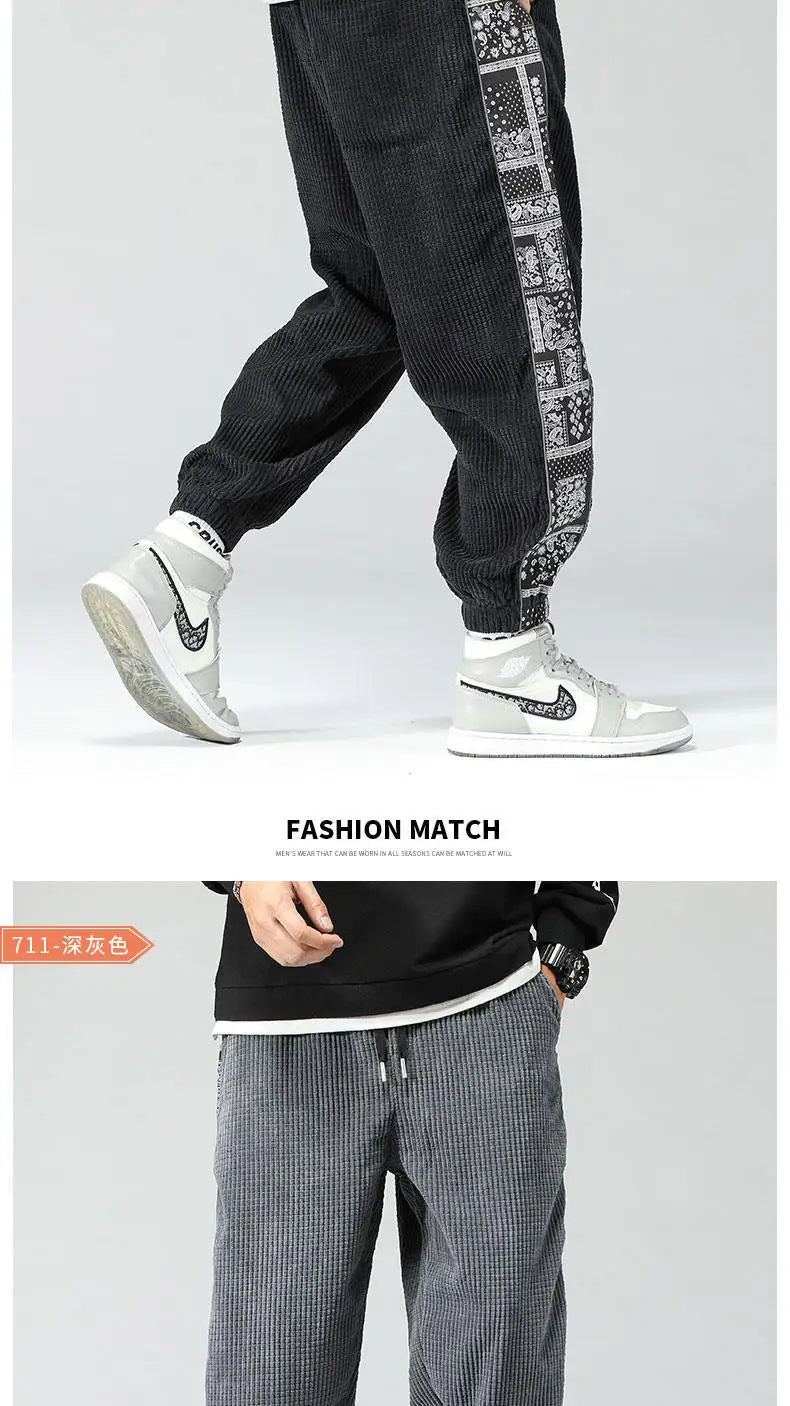 Oversize Cashew Flower Printed Patchwork Casual Pants Y2K High Street Corduroy Sweatpants Men Clothing штаны Pantalones 바지