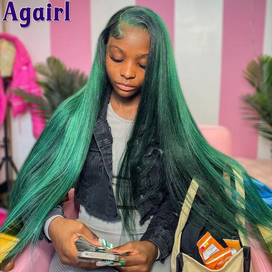 32 34 Inches Ready Go Green Highlight 13X6 Lace Front Human Hair Wigs Pre Plucked 13x6 Bone Straight Lace Frontal Wigs for Women
