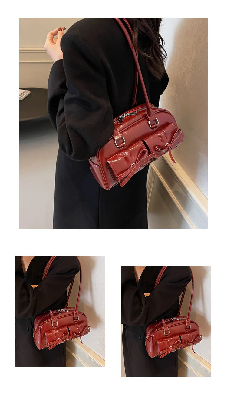Vintage Women Business Shoulder Bags Simple Ladies Commute Tote Bag Pu Leather Female Underarm Bag Burgundy Large Handbags Purse
