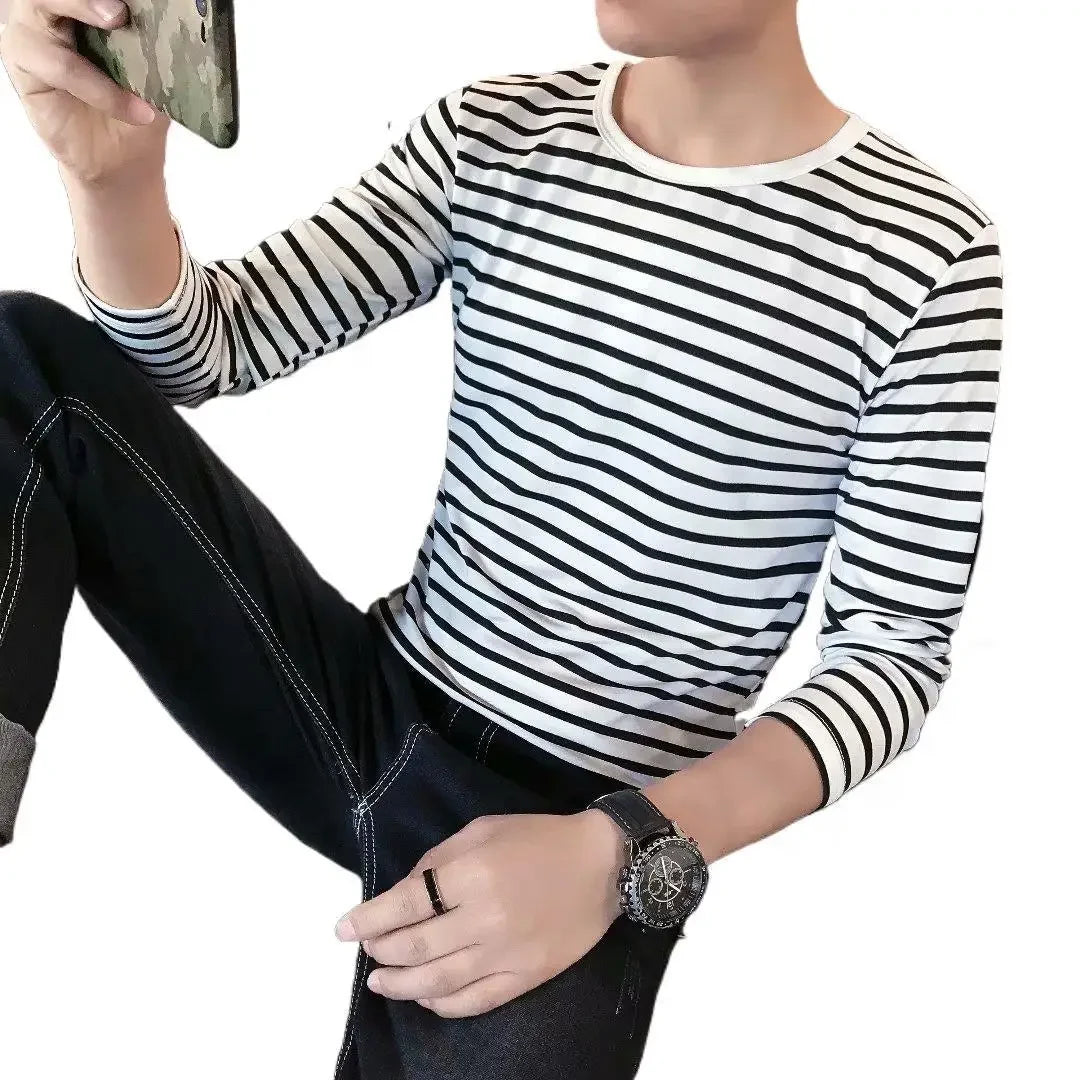 Men's Long Sleeve T-shirt 2020 Spring Autumn New Stripe Clothes Korean Trendy Basic Layer Top Autumn Wear For Men