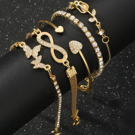 5pcs Exquisite Gold Color Butterfly Bracelet Set For Women Vintage Rhinestone Heart Infinity Cuff Bangle Daily Wear Jewelry Gift