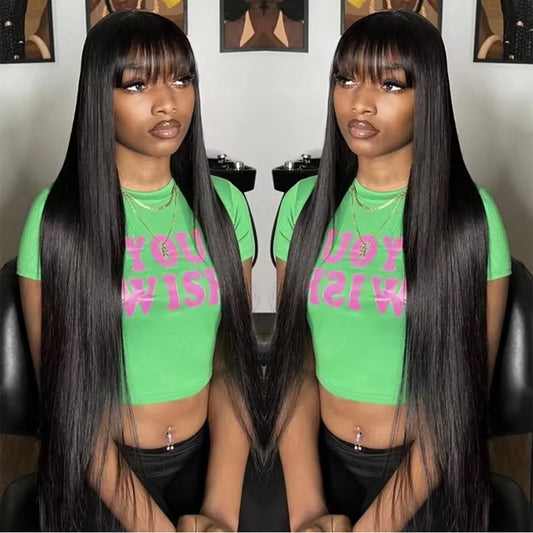 100% Human Hair Wigs Wear Go Glueless Straight Wig With Bangs Natural Black Color Straight Machine Made Wig with Fringe Bobbi