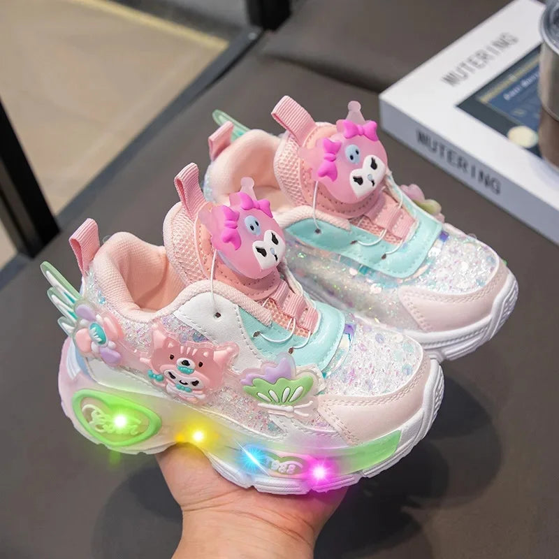 Girls Cartoon Rotating Button Sports Shoes Soft Bottom Kuroko Light up Dad Shoes Breathable Rubber Spring Season Kids Sneakers