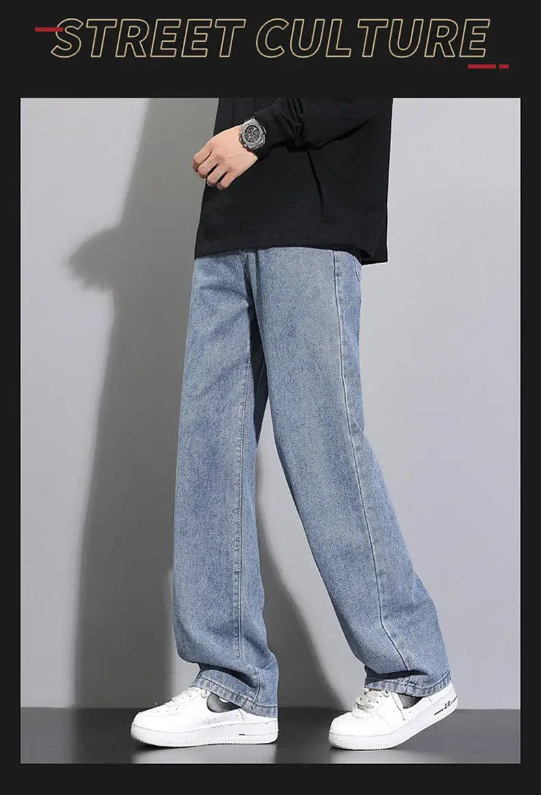 2025 New Korean Men's Casual Long Jeans Classic Man Straight Denim Wide-leg Pants Solid Color Light Blue Grey Black