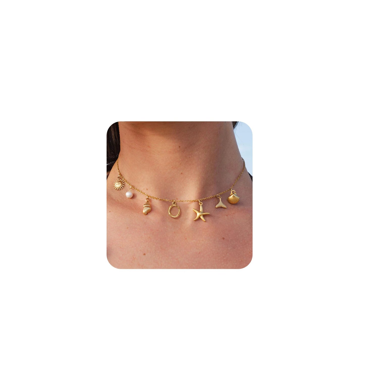 MHS.SUN Starfish Shell Initial Necklace Waterproof 18K Gold Plated Stainless Steel Charm Necklaces Surfer Girl Summer Beach Gift