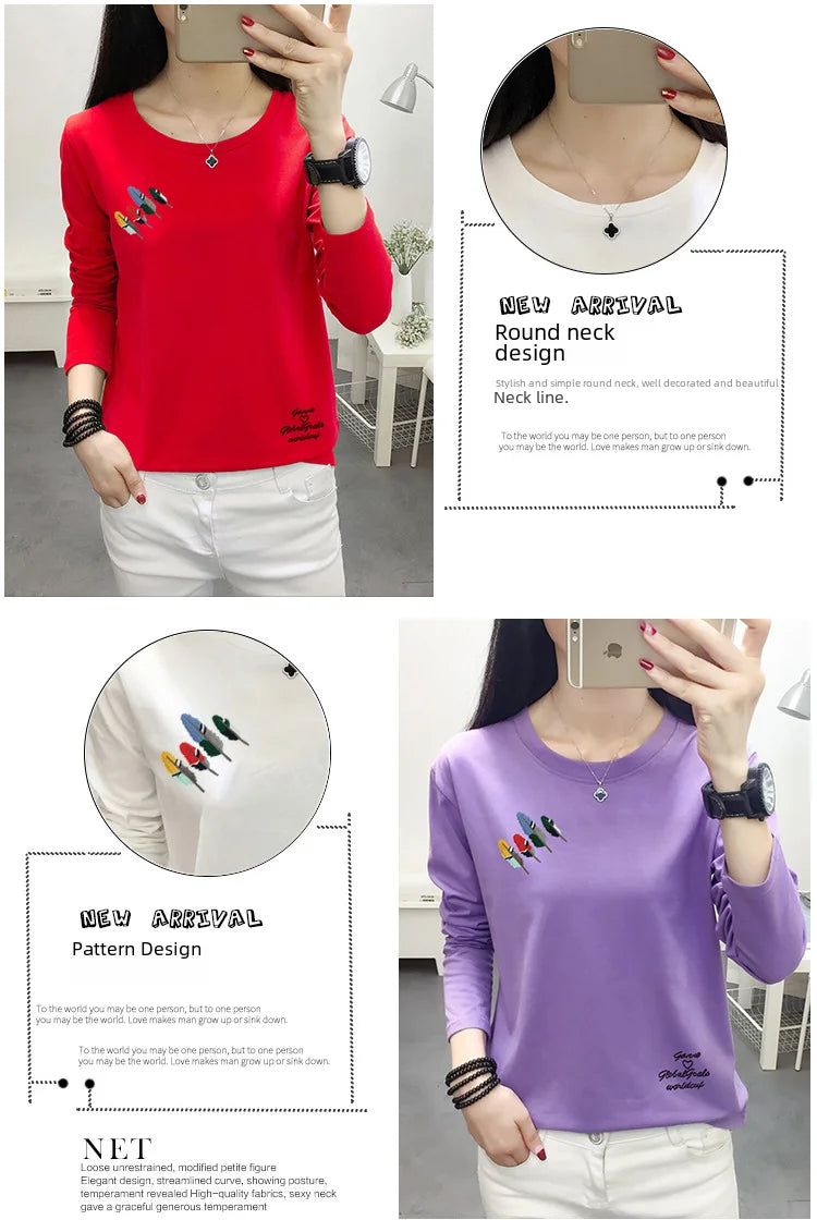 Long Sleeve T-shirt Women Simple Print Round Neck Top Loose Base Shirt Outdoor Wear Autumn Clothes