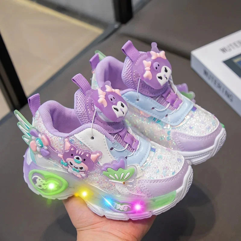 Girls Cartoon Rotating Button Sports Shoes Soft Bottom Kuroko Light up Dad Shoes Breathable Rubber Spring Season Kids Sneakers