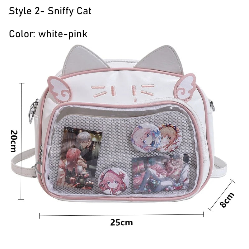 Women's Fashion Backpacks Y2K Korean Japan Kawaii Cat Ita Bag PU Cute Girls Transparent Pocket Aesthetic Shoulder Crossbody Bags