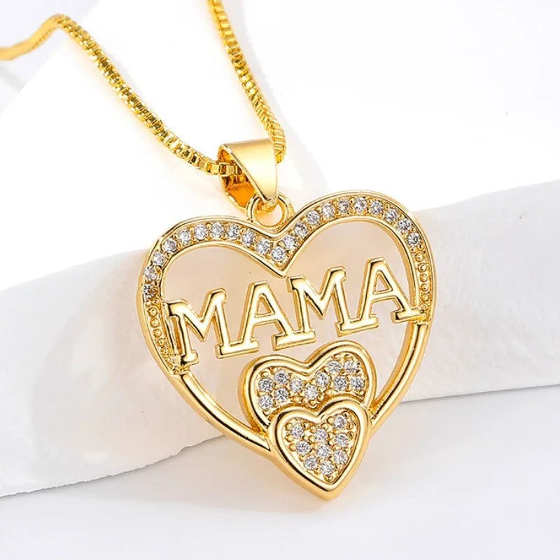 WLP 2025 Elegant Mother's Day Gift Heart Pendant MAMA Necklace for Women MOM Luxury Rhinestone Aesthetic Neck Necklace Jewelry