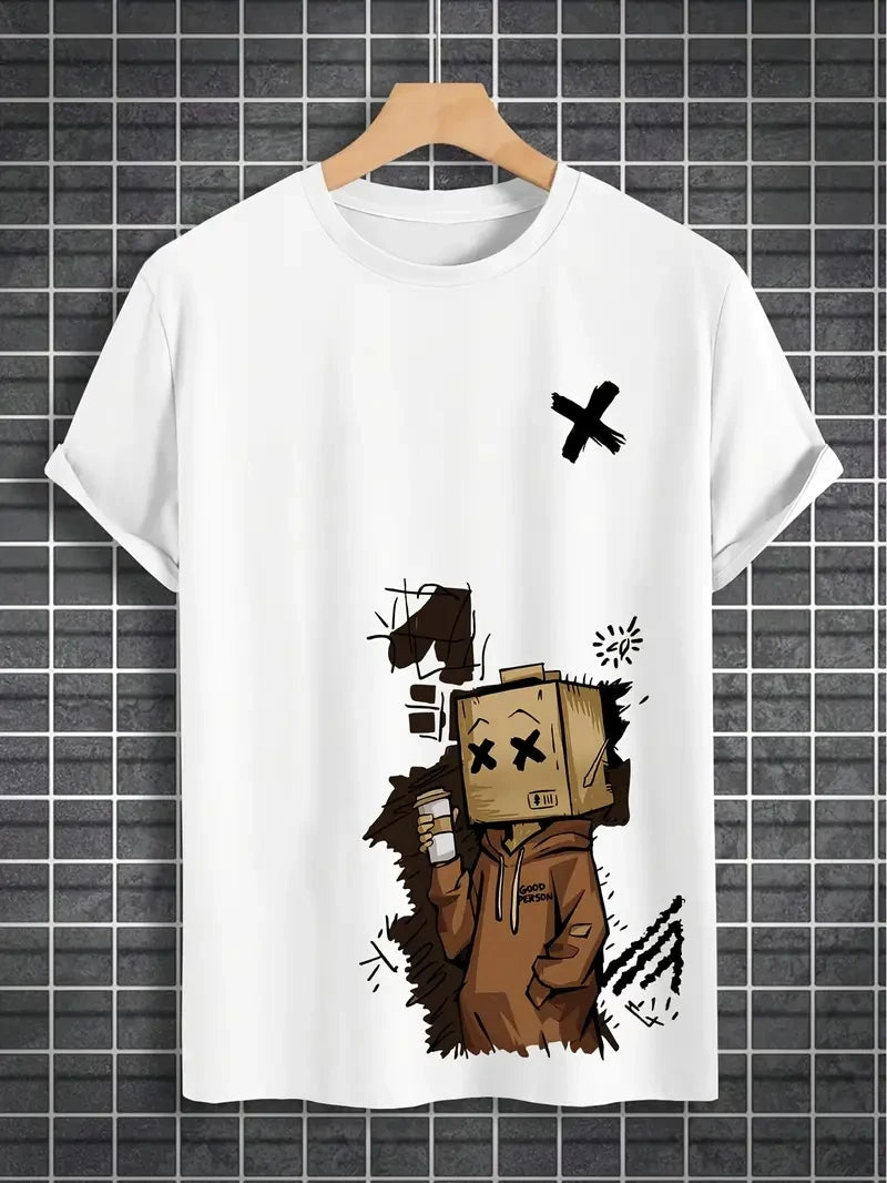 Men's 100% pure cotton fashionable casual sports loose trendy doll graffiti printed round neck short sleeved T-shirt top