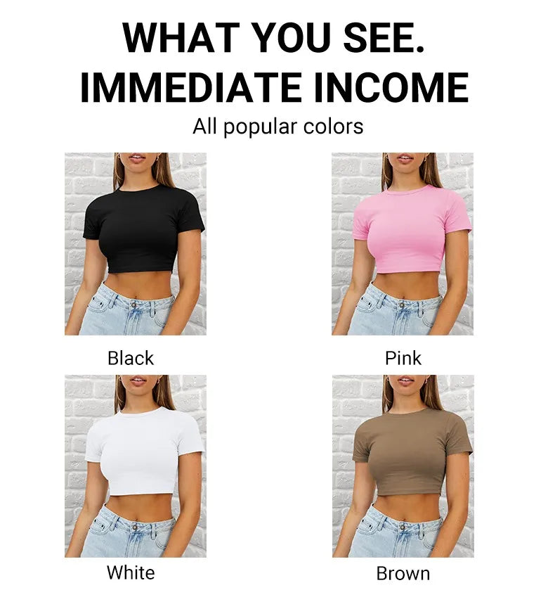 Y2K Woman Solid Crop Tops Short Sleeve High Elastic Viscose T-Shirt Soft O-Neck Sporty Tees Summer Street Fashion Female Clothes