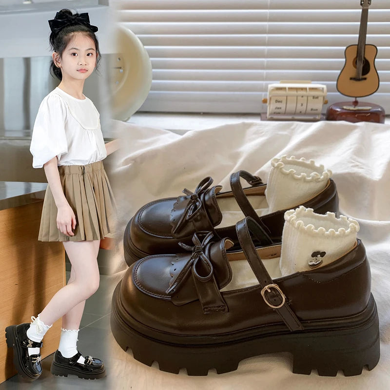 Kids Shoes Black Leather Mary Janes Girls Shoes Bow Thick Sole Casual Party Shoes Toddler Little Girls Fashion Footwear Shoes
