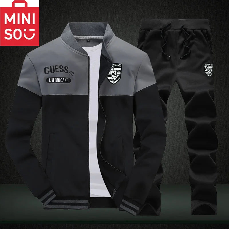 MINISO winter fleece sportswear men's set loose stand collar cardigan jacket outdoor casual multi-color selection set men's hood