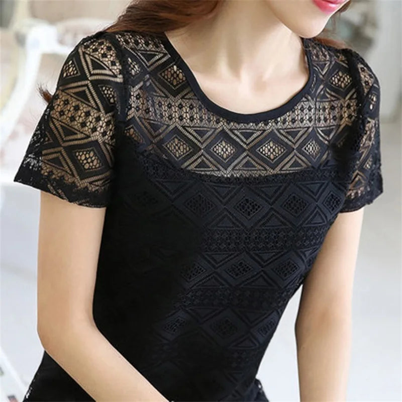 1pcs Summer Women Lace T-Shirt Lady Short-Sleeve Round-Neck tShirt Female Sexy Slim Fit  Tee Girl Chiffon Shirt Fashion Pullover