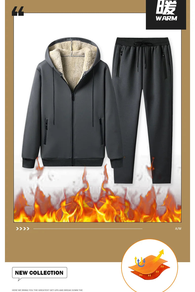 Men's Sportswear New Winter Autumn fleece Tracksuit 2 Piece Sets Sports Suit Jacket+Pant Sweatsuit Male Fashion warm Clothing