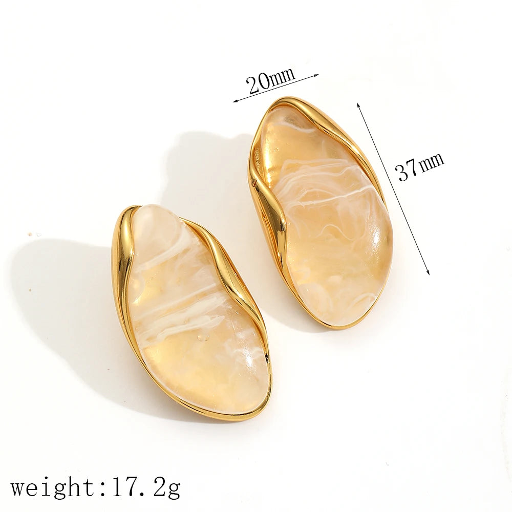 2025 New Design Brown Resin Geometric Shape Earrings Stainless Steel 18k Gold-plated Ear Studs for Women