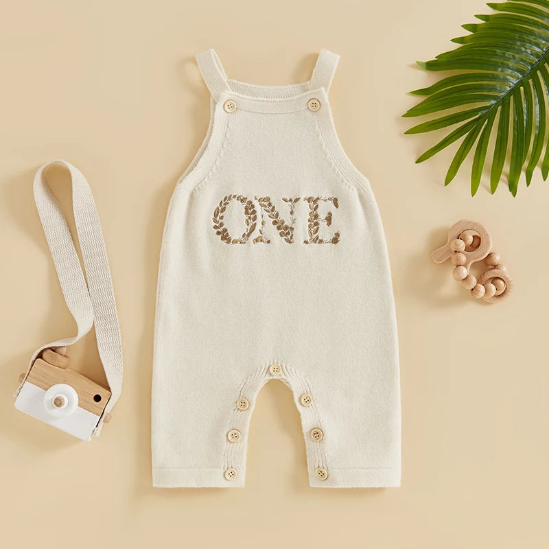 Baby Boy Girl Birthday Knitted Embroidery One Two Letter Romper Jumpsuit Cake Smash Outfit Newborn Clothes