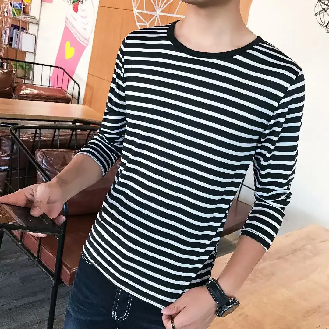 Men's Long Sleeve T-shirt 2020 Spring Autumn New Stripe Clothes Korean Trendy Basic Layer Top Autumn Wear For Men