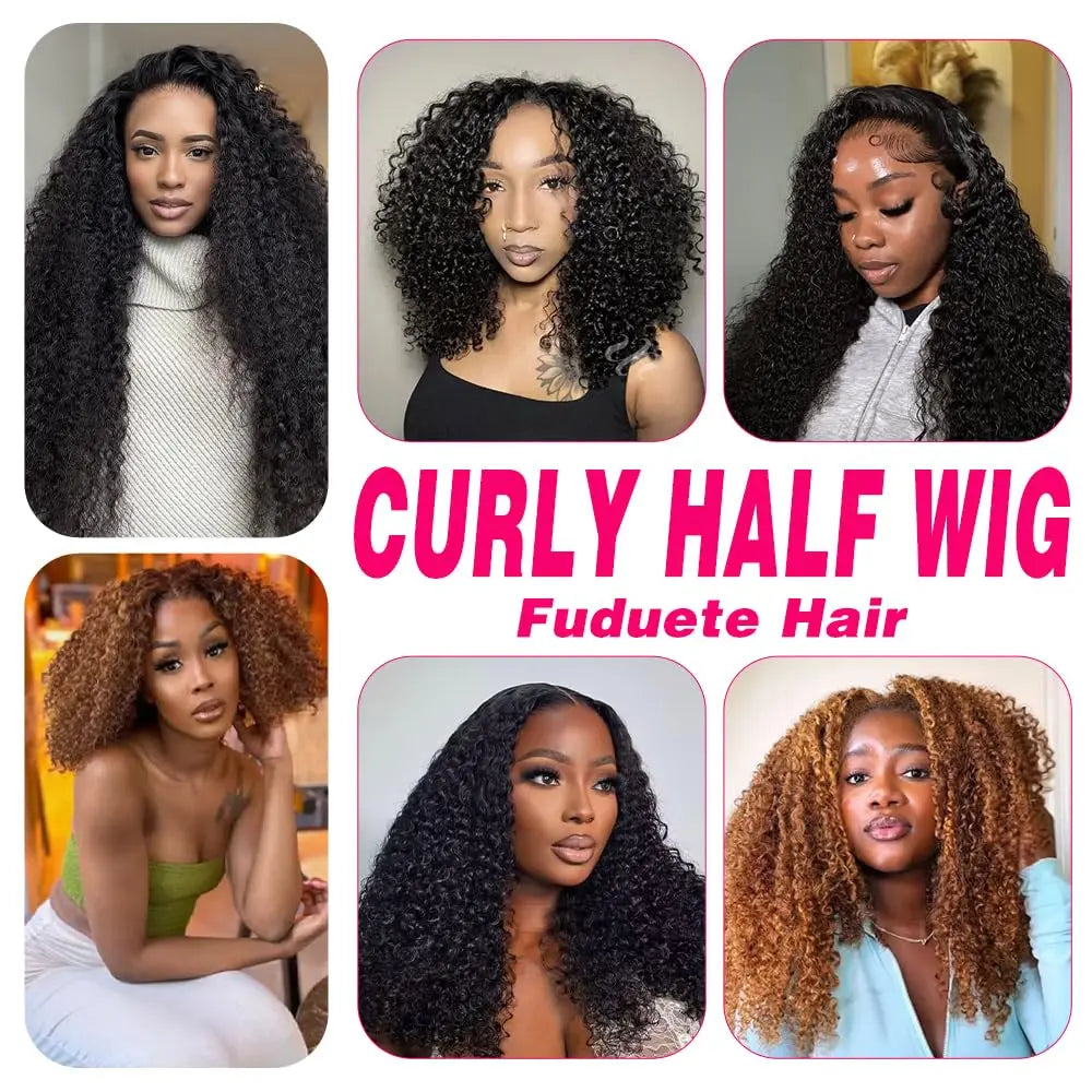 Half Wigs Human Hair Kinky Straight 3 In 1 Human Hair Wig Seamless Flip Over Half Wig Beginner Friendly Curly Wigs for Women