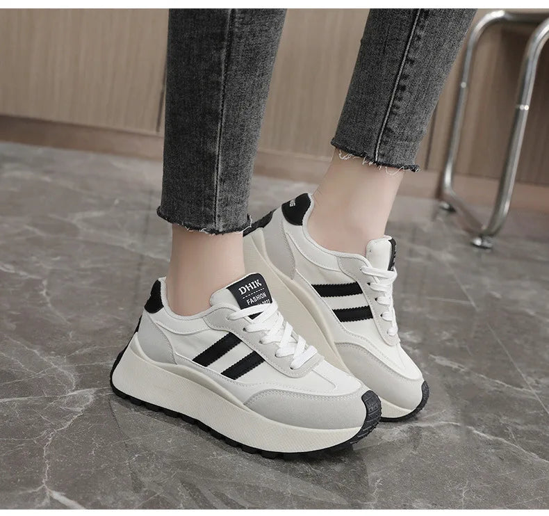 Spring Thick Bottom Women's Shoes 2025 Summer Casual Patchwork Leather Sneakers Casual Vulcanised Shoes Ladies Chaussure Femme