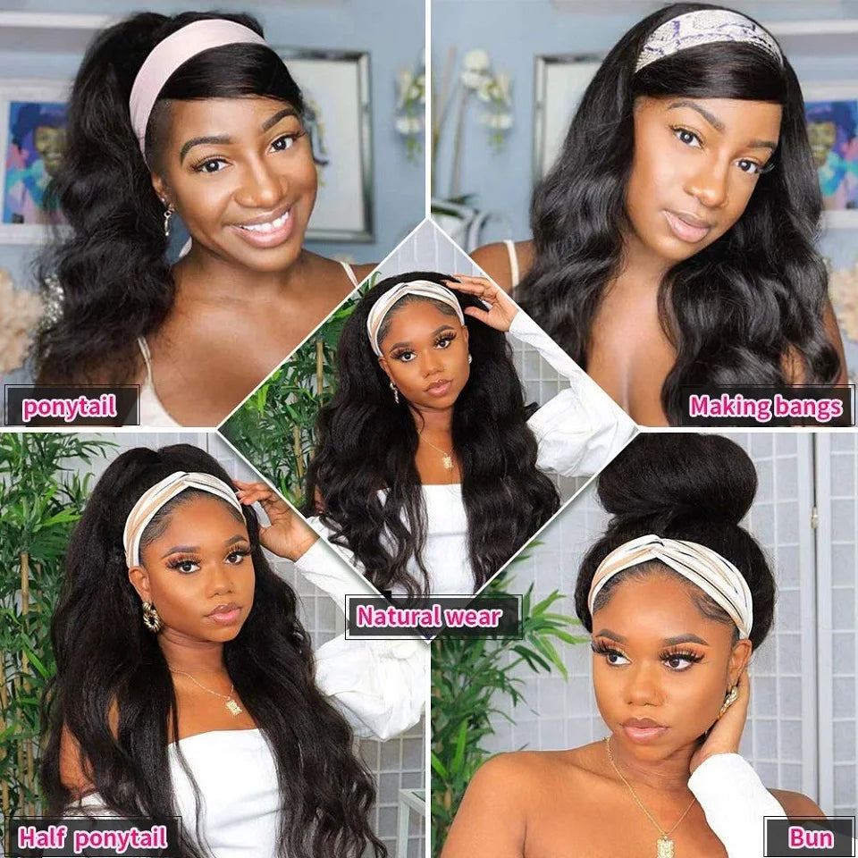 Headband Wig Human Hair Body Wave Virgin Human Hair Wigs for Black Women Full Machine Made Brazilian Ready To Wear Wig None Lace