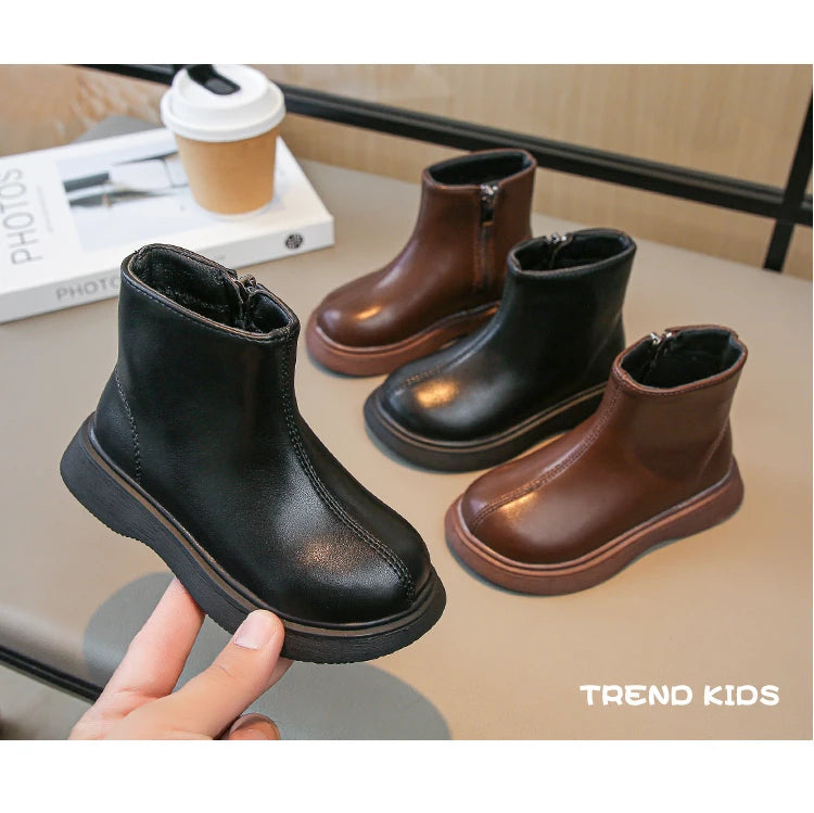 Children Fashion Boots Simple Girls Ankle Boot Black Kids Short Leather Boots Side Zipper Thick Bottom Autumn Winter 2024 New
