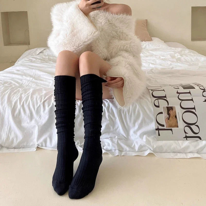 Spring Knee Length Stockings for ladies White Pile Socks Fashion GIrls JK Slimming Boots Sock Japanese Calf Sock Cotton Footwear
